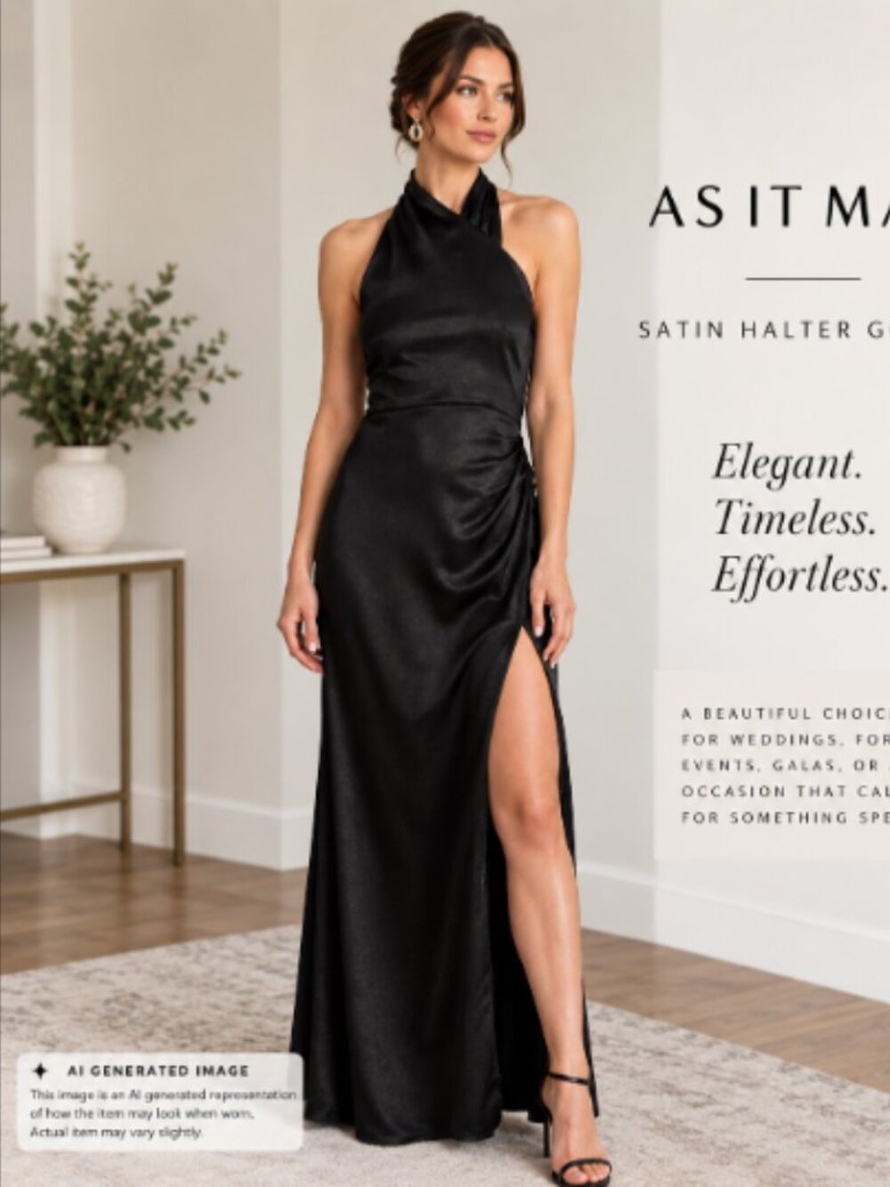 AS IT MAY Black Satin Halter Maxi Gown XL Formal Wedding Guest Dress